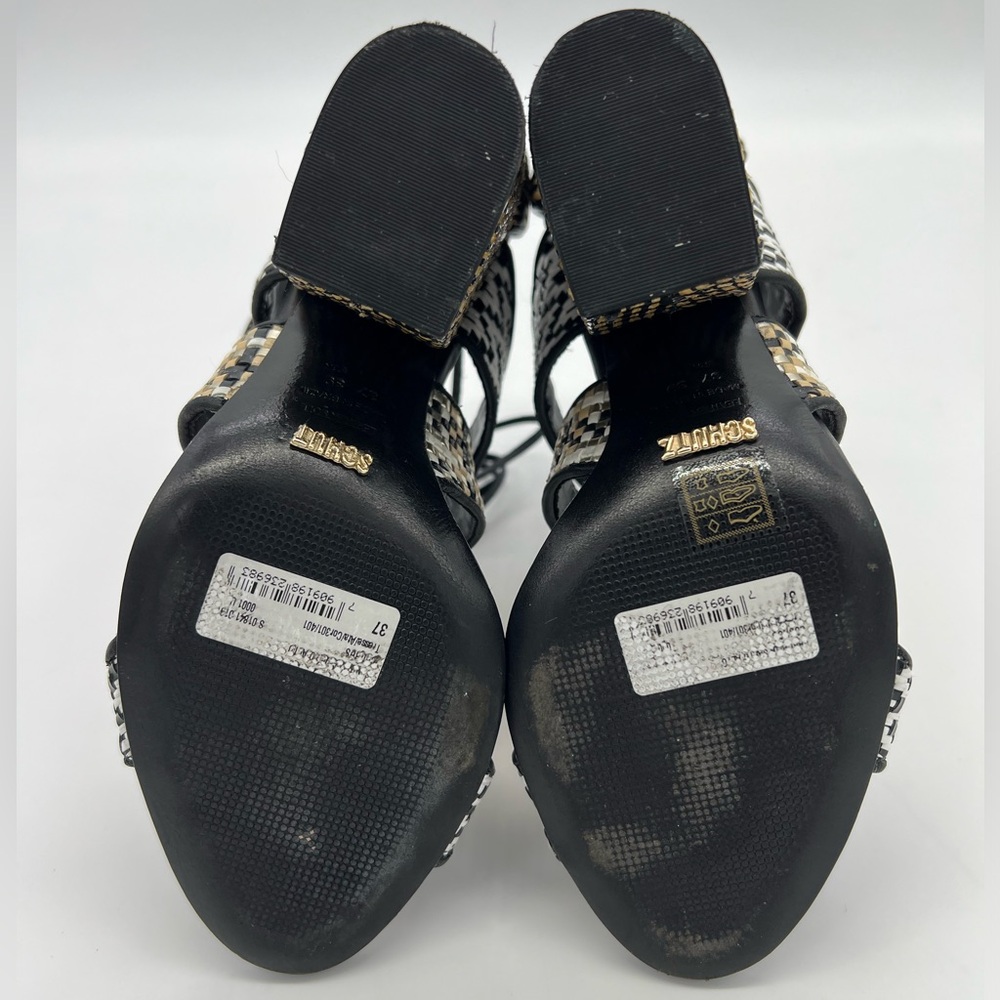 Schutz Woven Raffia Block Heel Lace-Up Strappy Sandals Black/White Sz 7 - Picture 11 of 16